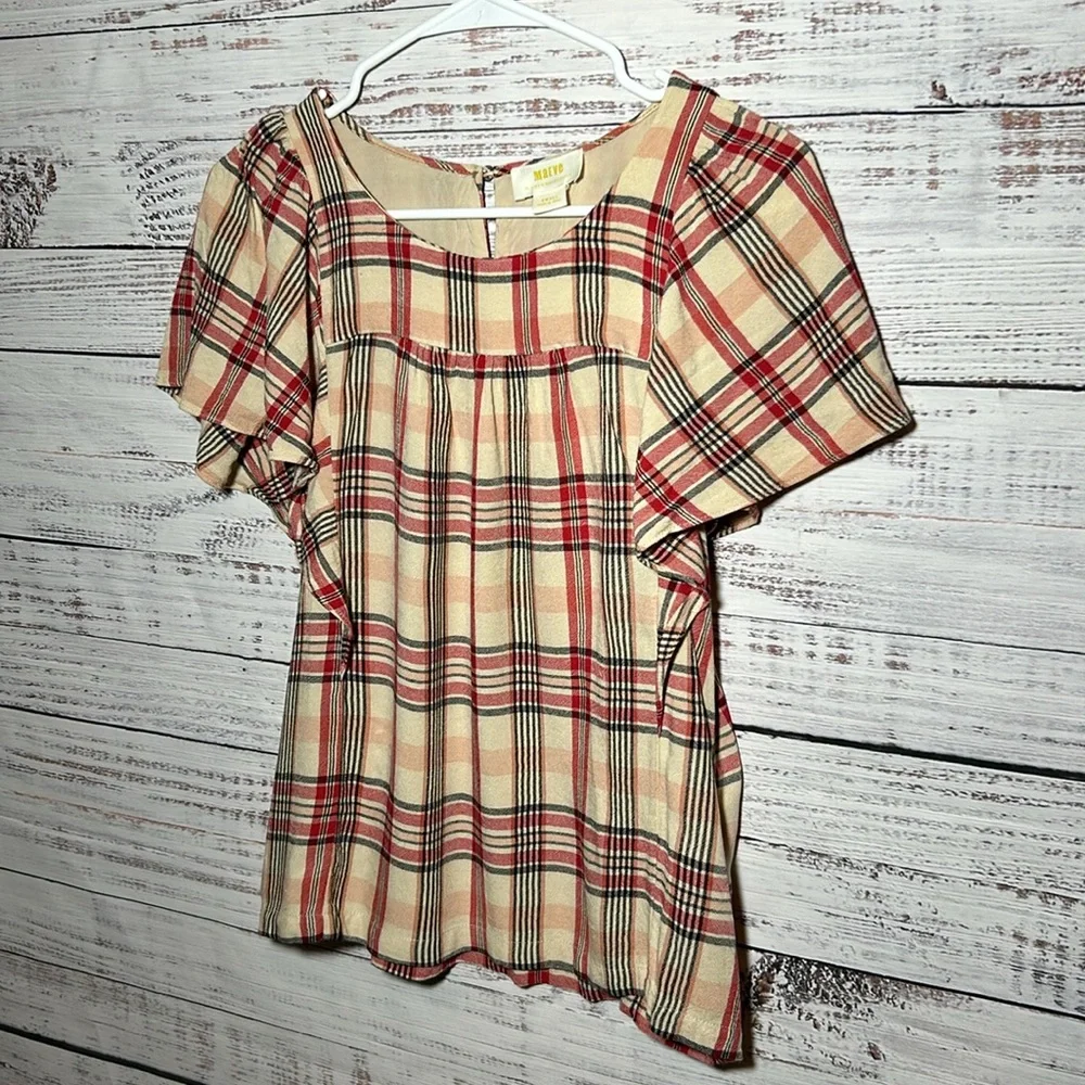 Maeve Priscilla Plaid Flutter Sleeve Top from Anthropologie Small